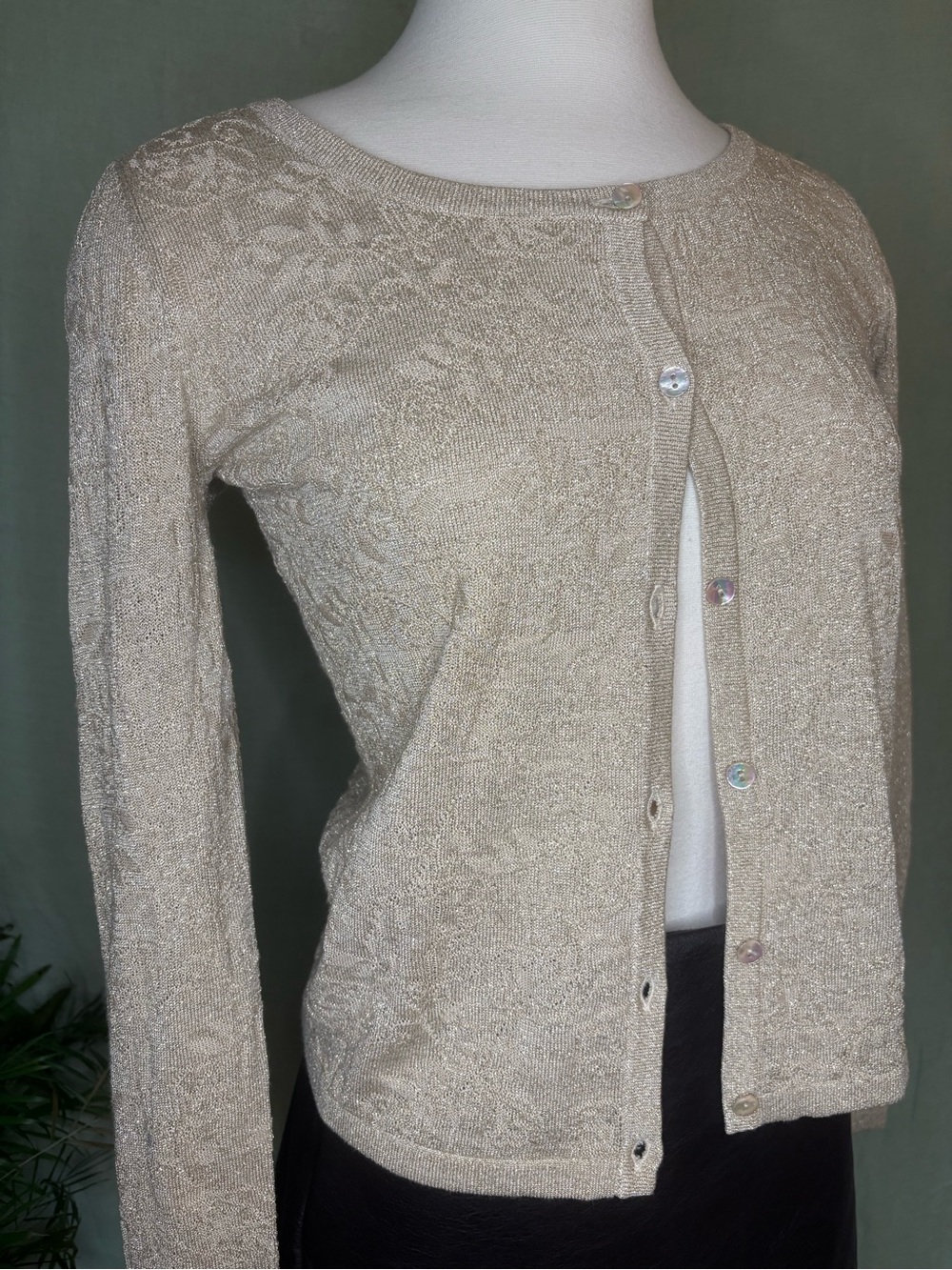 Dana Buchman Metallic Cream Knit Button-Front Cardigan